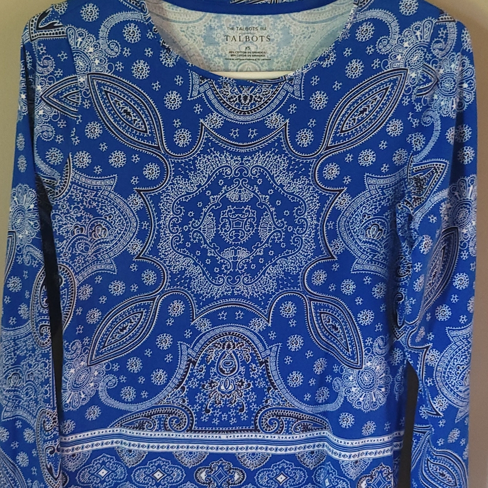 Talbots Blue Graphic Long Sleeve Blouse
